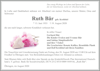 Traueranzeige von Ruth Bär von GESAMT