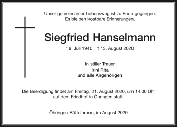 Traueranzeige von Siegfried Hanselmann von GESAMT