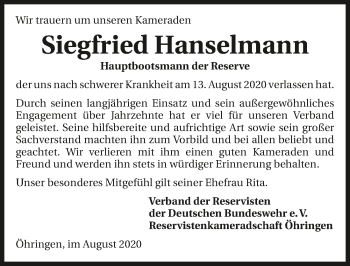 Traueranzeige von Siegfried Hanselmann von GESAMT