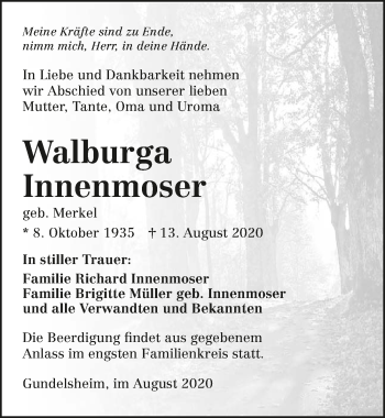 Traueranzeige von Walburga Innenmoser von GESAMT