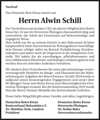 Traueranzeige von Alwin Schill von GESAMT