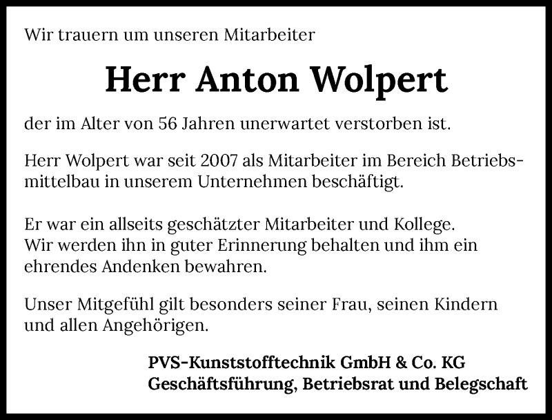  Traueranzeige für Anton Wolpert vom 16.09.2020 aus GESAMT