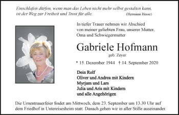 Traueranzeige von Gabriele Hofmann von GESAMT