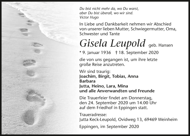  Traueranzeige für Gisela Leupold vom 22.09.2020 aus GESAMT