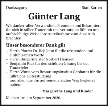 Traueranzeige von Günter Lang von GESAMT