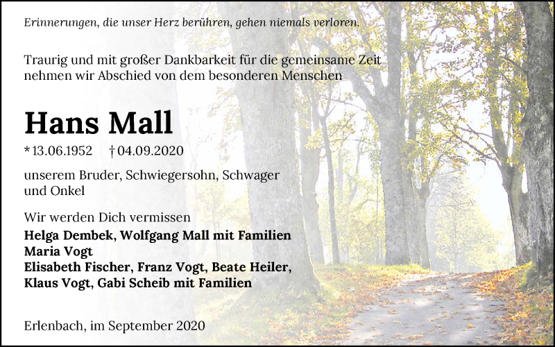  Traueranzeige für Hans Mall vom 12.09.2020 aus GESAMT