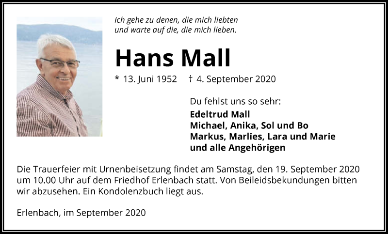  Traueranzeige für Hans Mall vom 12.09.2020 aus GESAMT