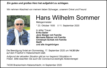 Traueranzeige von Hans Wilhelm Sommer von GESAMT