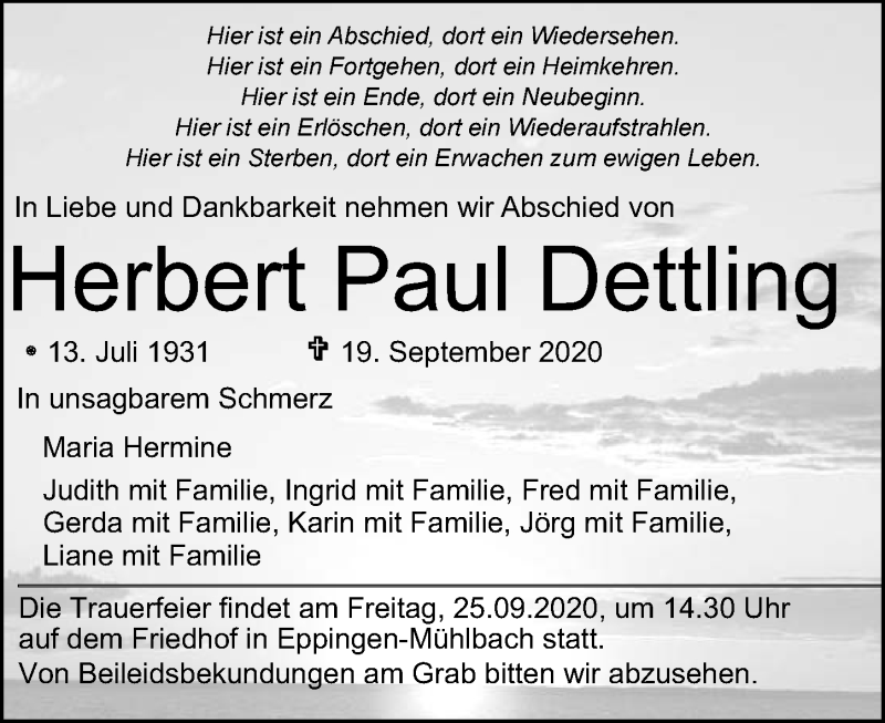  Traueranzeige für Herbert Dettling vom 23.09.2020 aus GESAMT