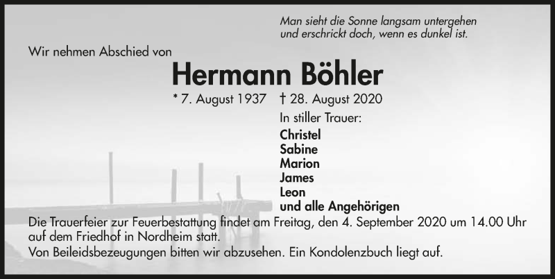  Traueranzeige für Hermann Böhler vom 02.09.2020 aus GESAMT