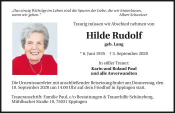 Traueranzeige von Hilde Rudolf von GESAMT