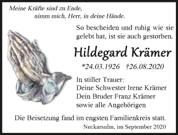 Traueranzeige von Hildegard Krämer von GESAMT