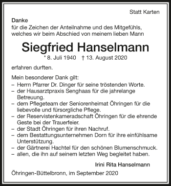 Traueranzeige von Siegfried Hanselmann von GESAMT