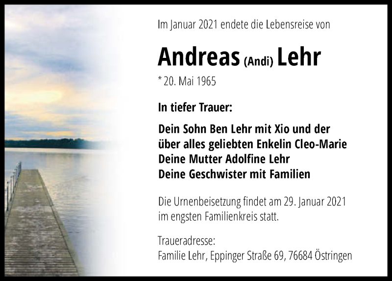  Traueranzeige für Andreas Lehr vom 16.01.2021 aus GESAMT