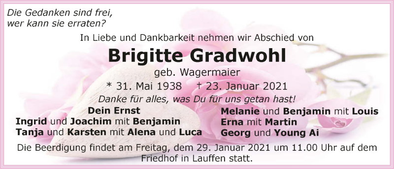  Traueranzeige für Brigitte Gradwohl vom 26.01.2021 aus GESAMT