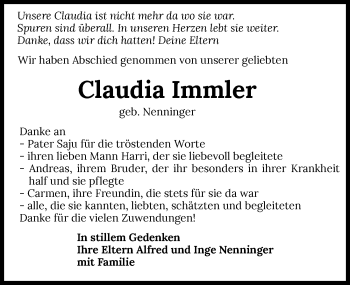 Traueranzeige von Claudia Immler von GESAMT