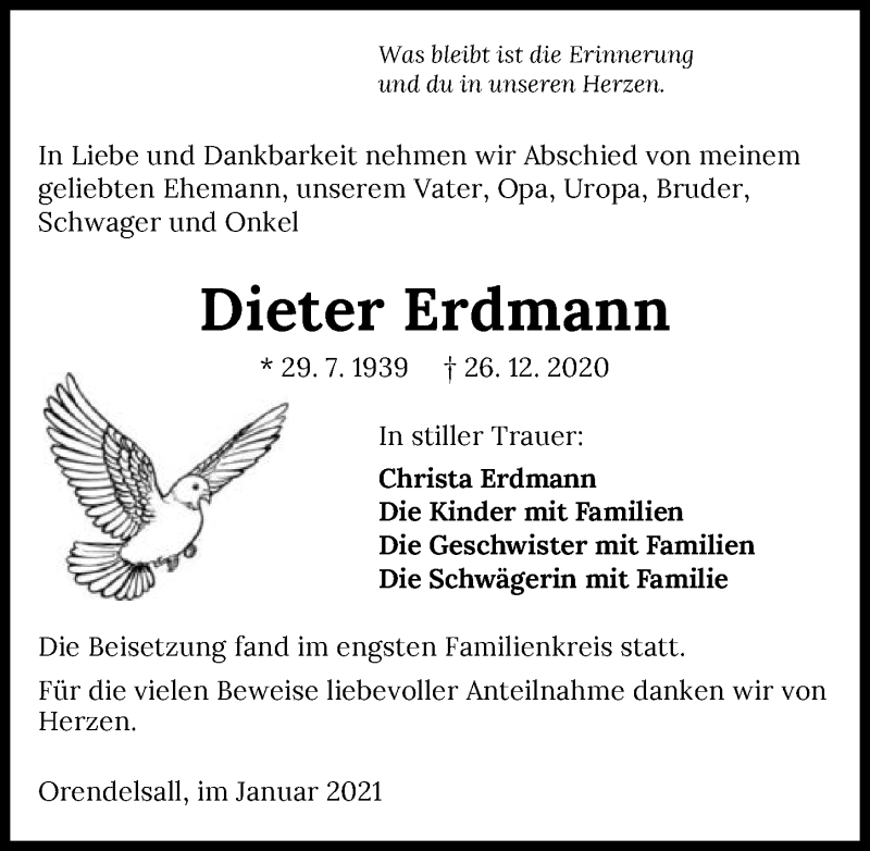  Traueranzeige für Dieter Erdmann vom 11.01.2021 aus GESAMT