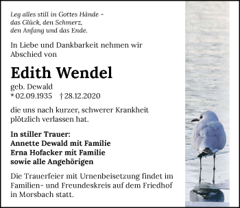 Traueranzeige von Edith Wendel von GESAMT