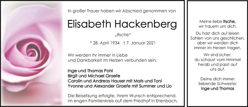  Traueranzeige für Elisabeth Hackenberg vom 23.01.2021 aus GESAMT