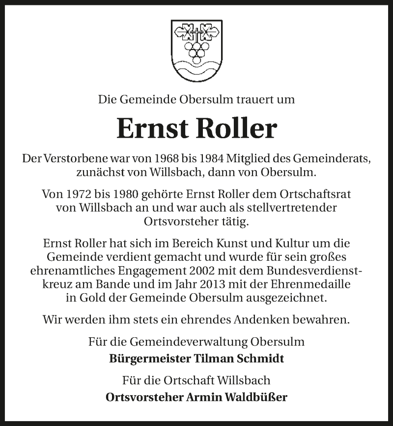  Traueranzeige für Ernst Roller vom 05.01.2021 aus GESAMT