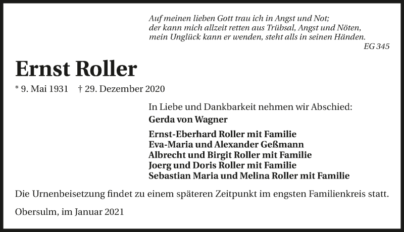  Traueranzeige für Ernst Roller vom 02.01.2021 aus GESAMT
