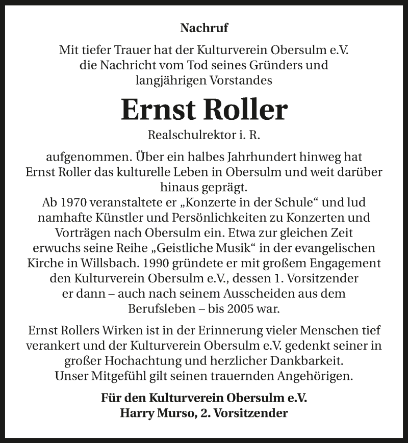  Traueranzeige für Ernst Roller vom 07.01.2021 aus GESAMT