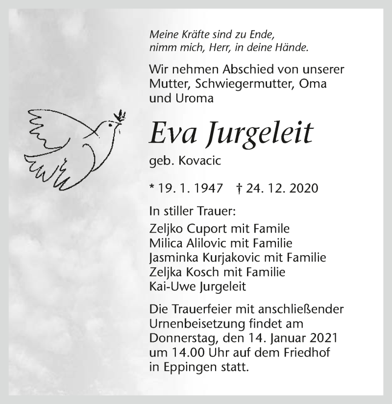  Traueranzeige für Eva Jurgeleit vom 09.01.2021 aus GESAMT