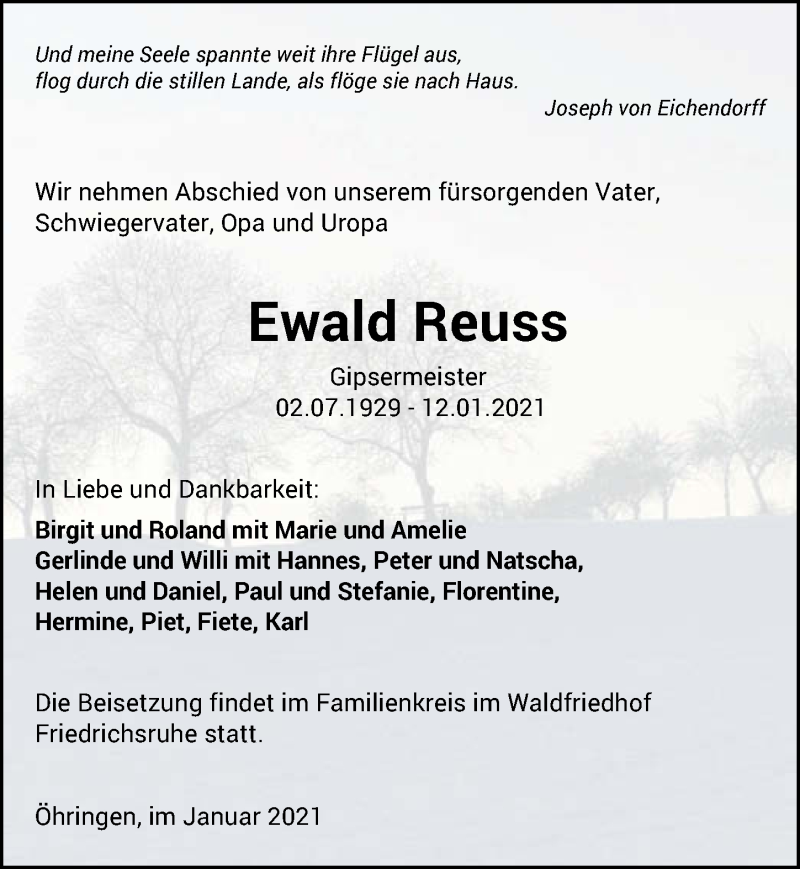  Traueranzeige für Ewald Reuss vom 16.01.2021 aus GESAMT