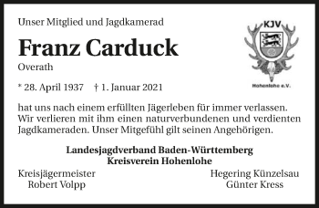 Traueranzeige von Franz Carduck von GESAMT