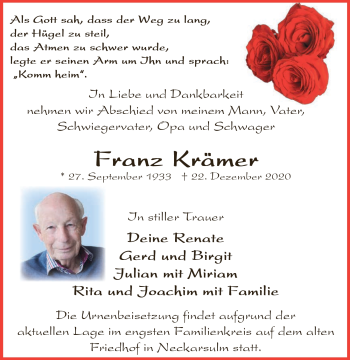 Traueranzeige von Franz Krämer von GESAMT