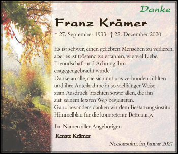 Traueranzeige von Franz Krämer von GESAMT