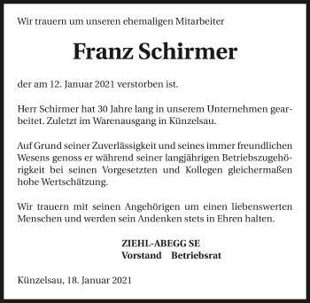 Traueranzeige von Franz Schirmer von GESAMT