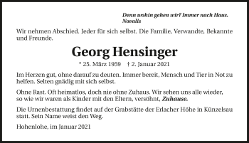 Traueranzeige von Georg Hensinger von GESAMT