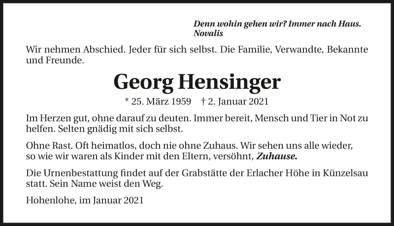  Traueranzeige für Georg Hensinger vom 09.01.2021 aus GESAMT