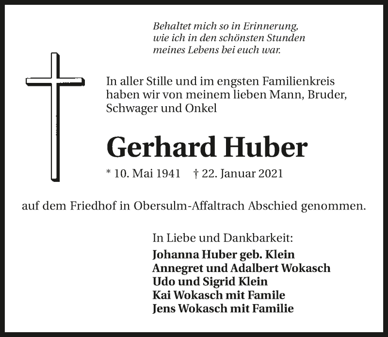  Traueranzeige für Gerhard Huber vom 30.01.2021 aus GESAMT