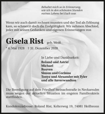 Traueranzeige von Gisela Rist von GESAMT