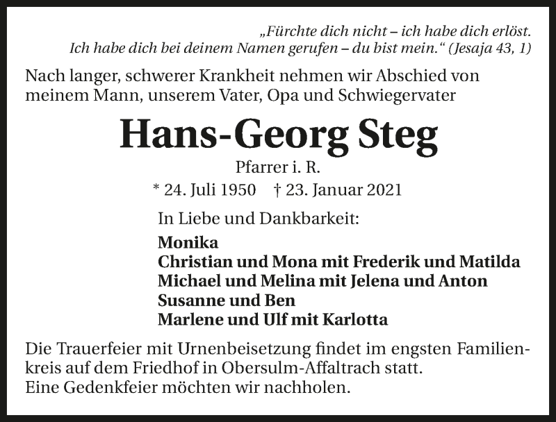  Traueranzeige für Hans-Georg Steg vom 26.01.2021 aus GESAMT