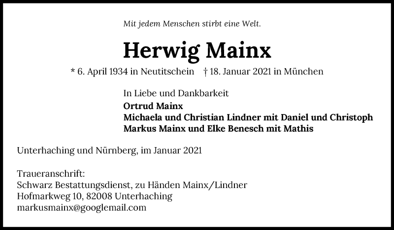  Traueranzeige für Herwig Mainx vom 23.01.2021 aus GESAMT