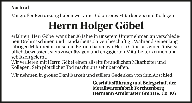  Traueranzeige für Holger Göbel vom 29.01.2021 aus GESAMT
