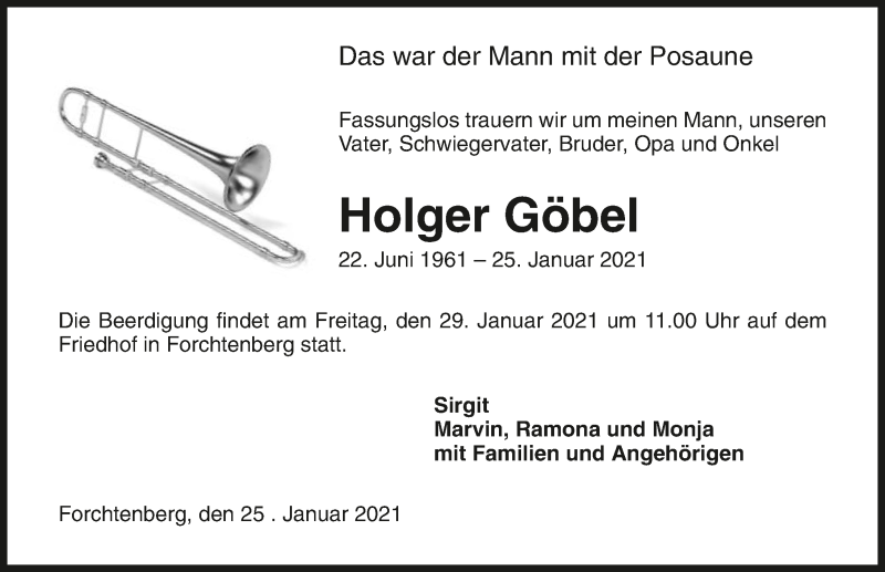  Traueranzeige für Holger Göbel vom 27.01.2021 aus GESAMT