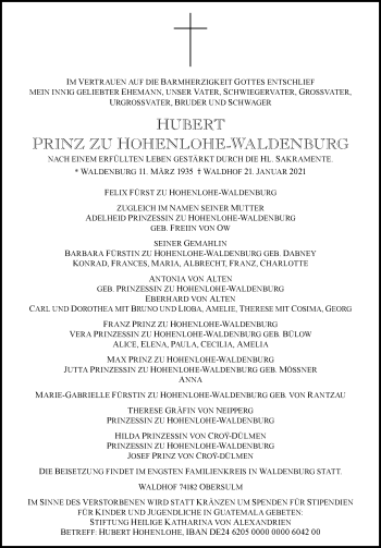 Traueranzeige von Hubert Prinz zu Hohenlohe-Waldenburg von GESAMT