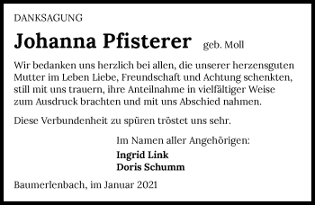 Traueranzeige von Johanna Pfisterer von GESAMT