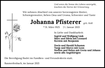 Traueranzeige von Johanna Pfisterer von GESAMT