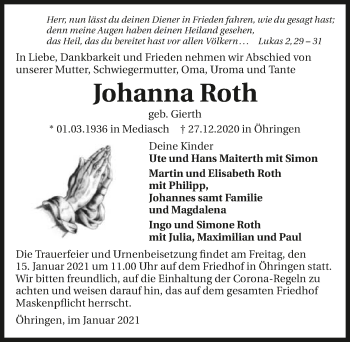 Traueranzeige von Johanna Roth von GESAMT