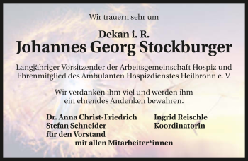 Traueranzeige von Johannes Georg Stockburger von GESAMT