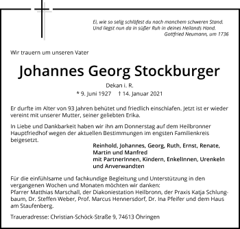 Traueranzeige von Johannes Georg Stockburger von GESAMT