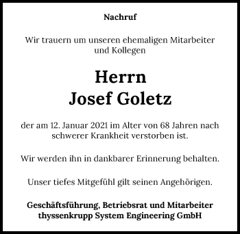 Traueranzeige von Josef Goletz von GESAMT