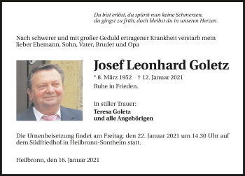 Traueranzeige von Josef Leonhard Goletz von GESAMT