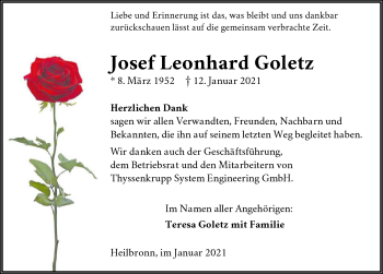 Traueranzeige von Josef Leonhard Goletz von GESAMT