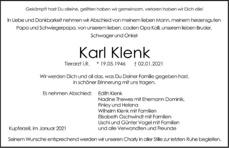  Traueranzeige für Karl Klenk vom 05.01.2021 aus GESAMT
